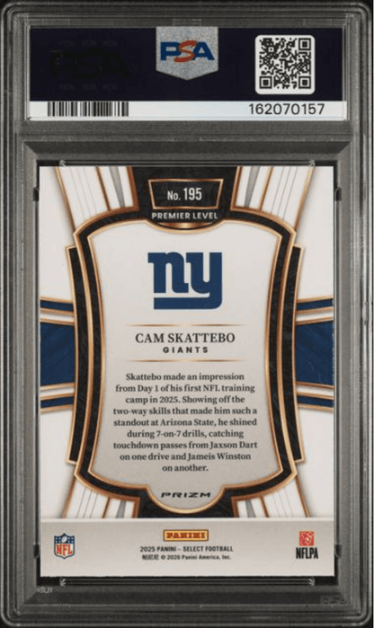Graded 2025 Panini Select Cam Skattebo #195 Green & Yellow Shock Rookie RC Football Card PSA 10 Gem Mint