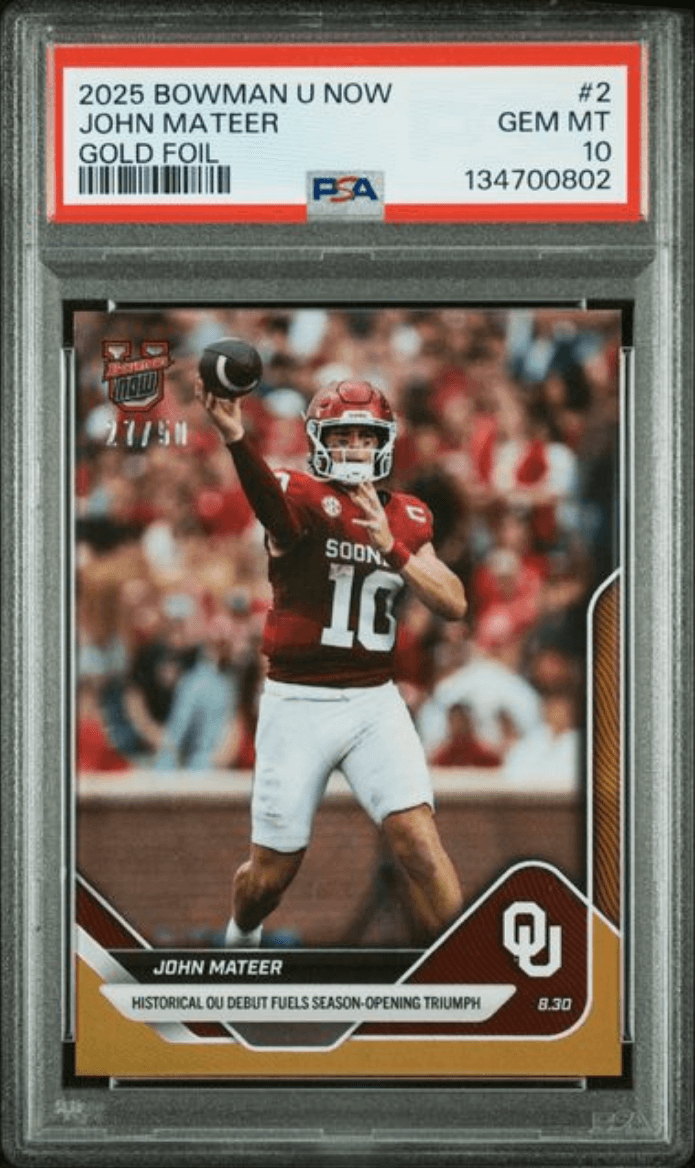 Graded 2025 Topps Bowman U Now John Mateer #2 Gold Foil /50 Rookie RC Football Card PSA 10 Gem Mint