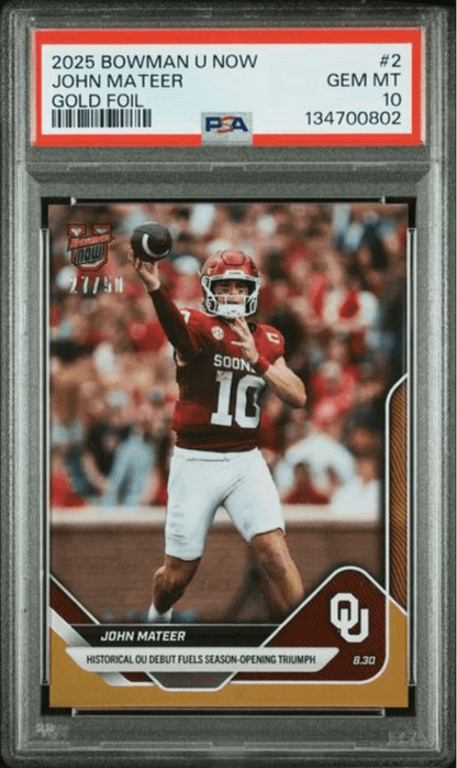 Graded 2025 Topps Bowman U Now John Mateer #2 Gold Foil /50 Rookie RC Football Card PSA 10 Gem Mint