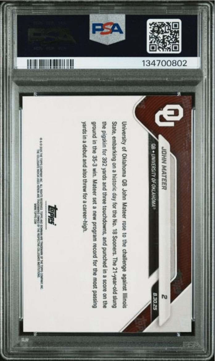 Graded 2025 Topps Bowman U Now John Mateer #2 Gold Foil /50 Rookie RC Football Card PSA 10 Gem Mint