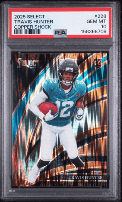 Graded 2025 Panini Select Travis Hunter #228 Copper Shock /899 Rookie RC Football Card PSA 10 Gem Mint
