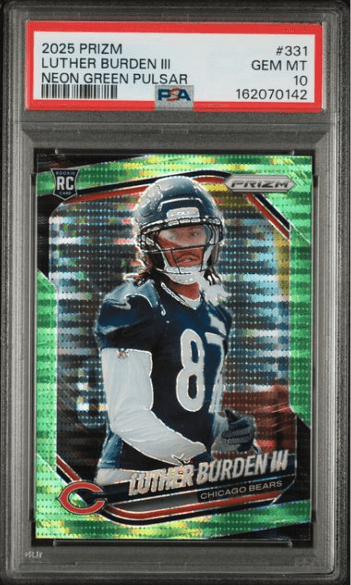 Graded 2025 Panini Prizm Luther Burden III #331 Neon Green Pulsar Rookie RC Football Card PSA 10 Gem Mint