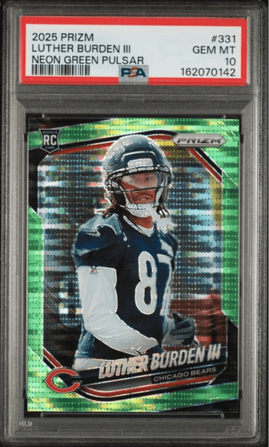 Graded 2025 Panini Prizm Luther Burden III #331 Neon Green Pulsar Rookie RC Football Card PSA 10 Gem Mint