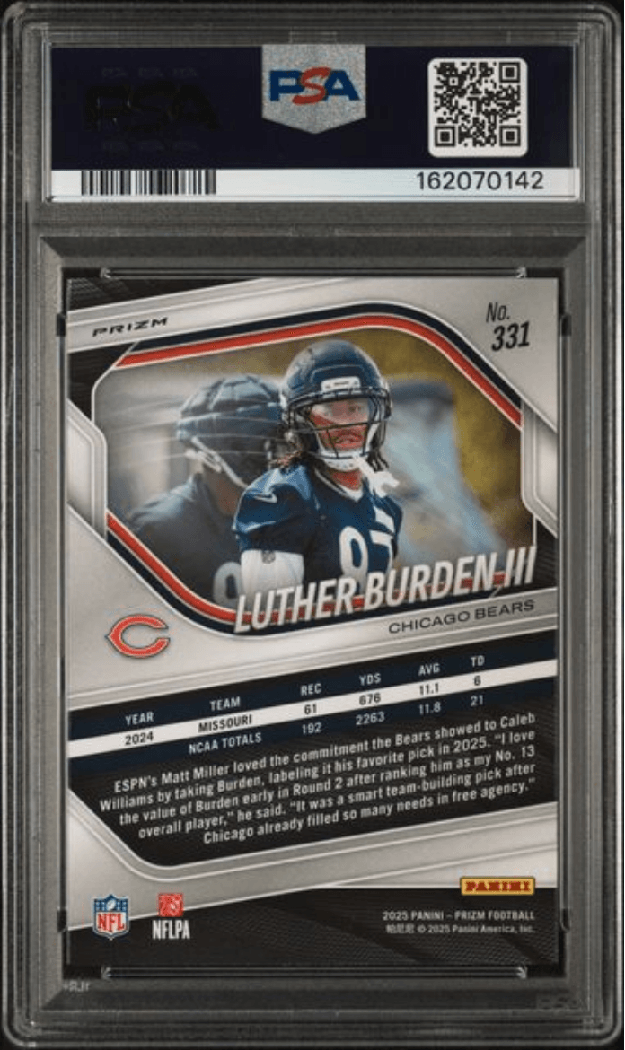 Graded 2025 Panini Prizm Luther Burden III #331 Neon Green Pulsar Rookie RC Football Card PSA 10 Gem Mint