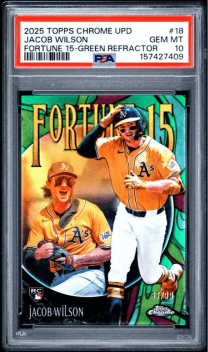 Graded 2025 Topps Chrome Update Jacob Wilson #18 Fortune 15 Green Refractor /99 Rookie RC Baseball Card PSA 10 Gem Mint