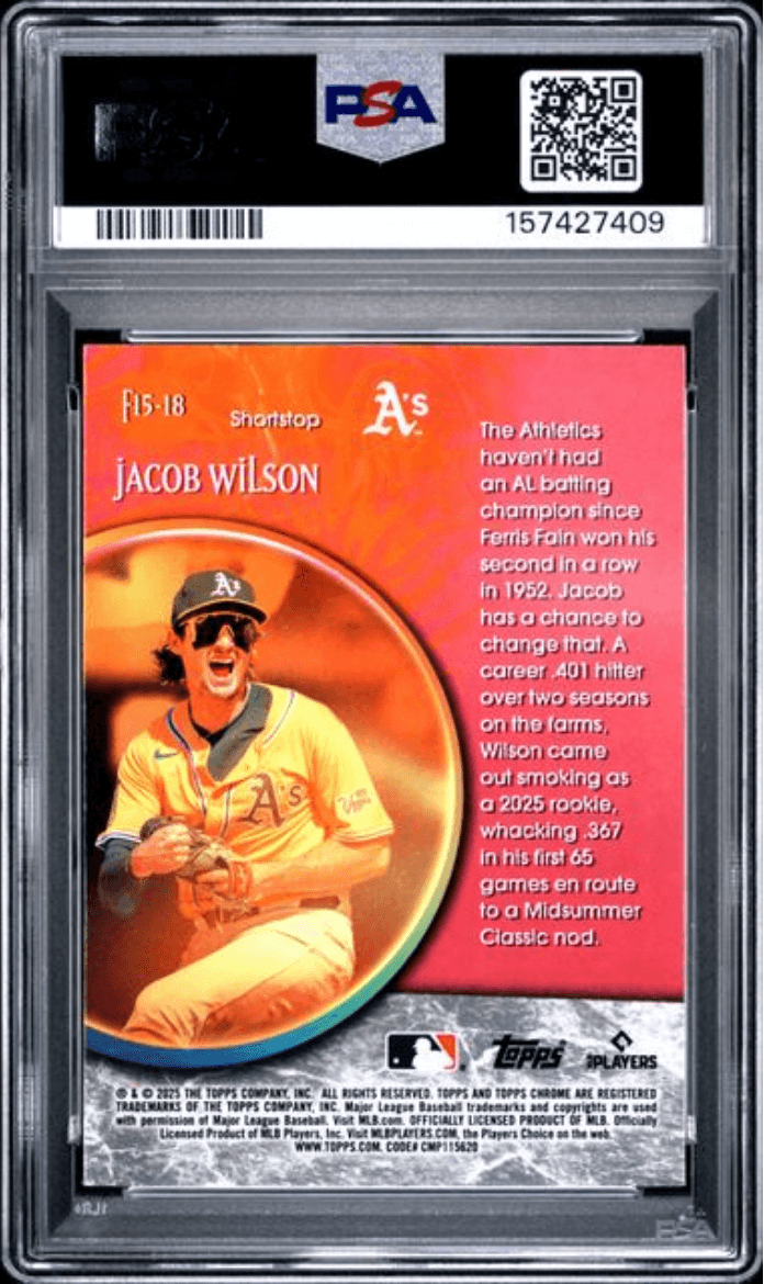 Graded 2025 Topps Chrome Update Jacob Wilson #18 Fortune 15 Green Refractor /99 Rookie RC Baseball Card PSA 10 Gem Mint