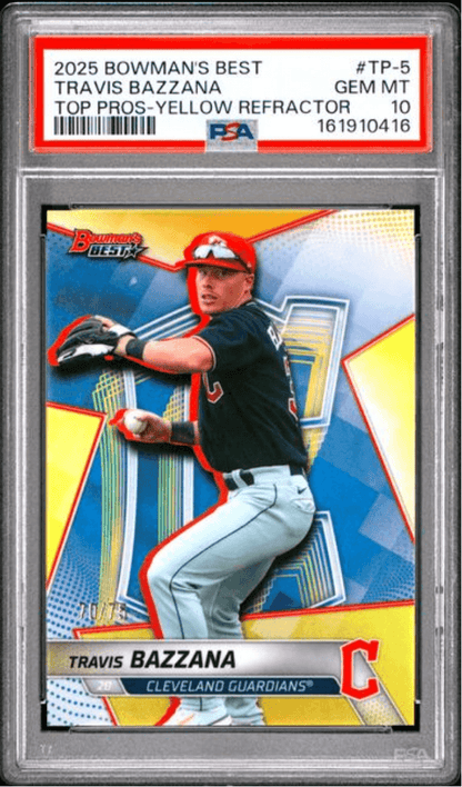 Graded 2025 Topps Bowmans Best Travis Bazzana #TP5 Top Prospects Yellow Refractor /75 Rookie RC Baseball Card PSA 10 Gem Mint