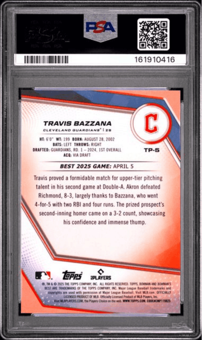 Graded 2025 Topps Bowmans Best Travis Bazzana #TP5 Top Prospects Yellow Refractor /75 Rookie RC Baseball Card PSA 10 Gem Mint