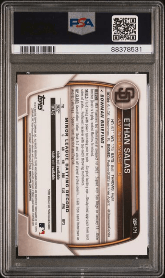 Graded 2023 Topps Bowman Chrome Mega Box Ethan Salas #171 Prospects Rookie RC Baseball Card PSA 10 Gem Mint