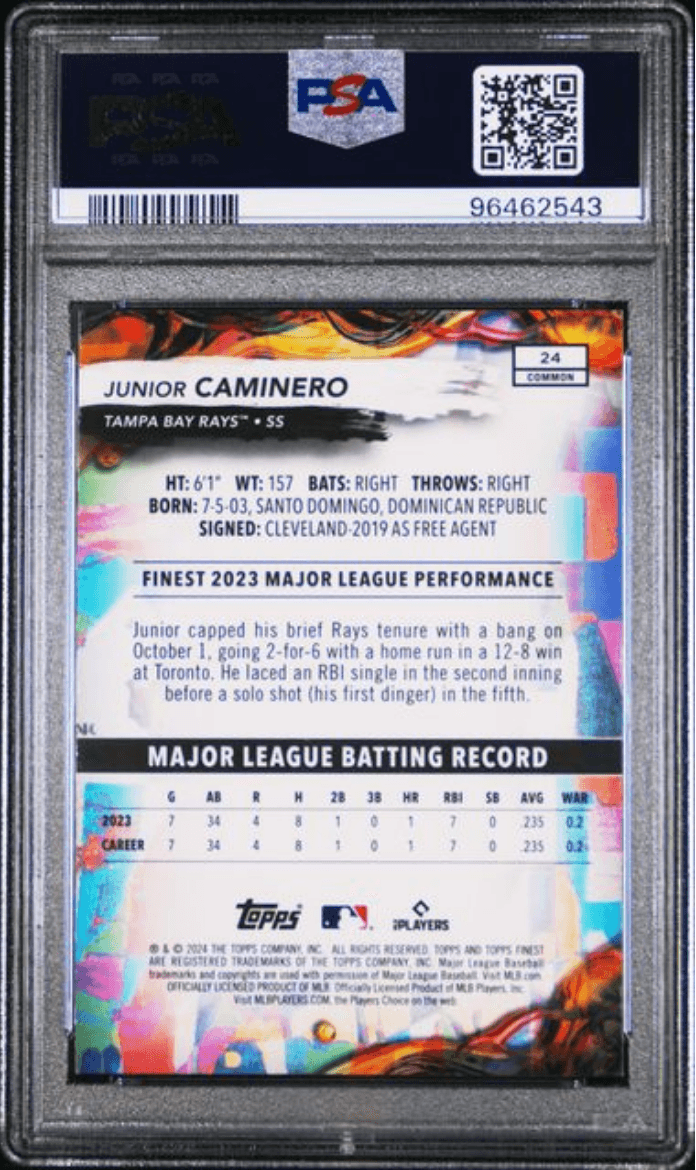 Graded 2024 Topps Finest Junior Caminero #24 Rookie RC Baseball Card PSA 10 Gem Mint