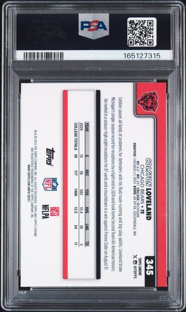 Graded 2025 Topps Chrome Colston Loveland #345 Hot Pink X-Fractor Rookie RC Football Card PSA 10 Gem Mint
