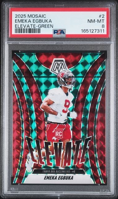 Graded 2025 Panini Mosaic Emeka Egbuka #2 Elevate Green Rookie RC Football Card PSA 8 NM-MT