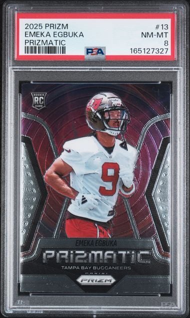 Graded 2025 Panini Prizm Emeka Egbuka #13 Prizmatic Rookie RC Football Card PSA 8 NM-MT