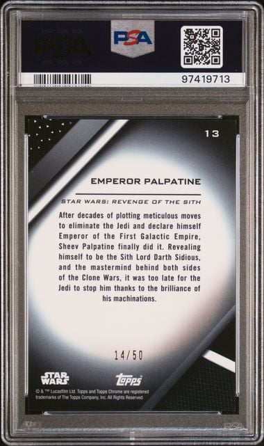 Graded 2024 Topps Chrome Black Star Wars Emperor Palpatine #13 Gold Refractor /50 Trading Card PSA 10 Gem Mint