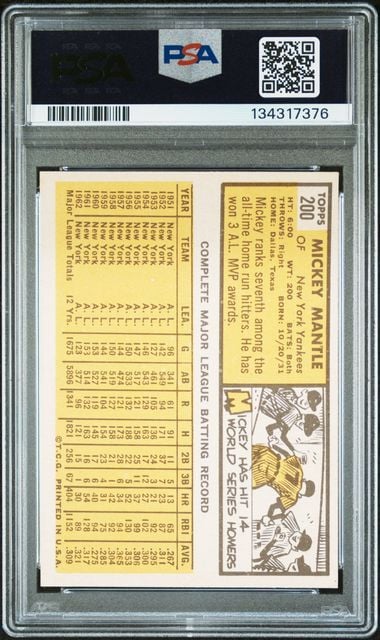 Graded 1963 Topps Mickey Mantle #200 Baseball Card PSA 6 EX-MT