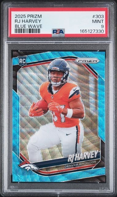 Graded 2025 Panini Prizm RJ Harvey #303 Blue Wave /230 Rookie RC Football Card PSA 9 Mint