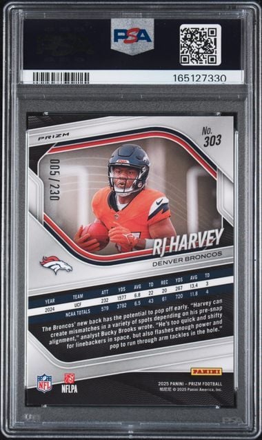 Graded 2025 Panini Prizm RJ Harvey #303 Blue Wave /230 Rookie RC Football Card PSA 9 Mint