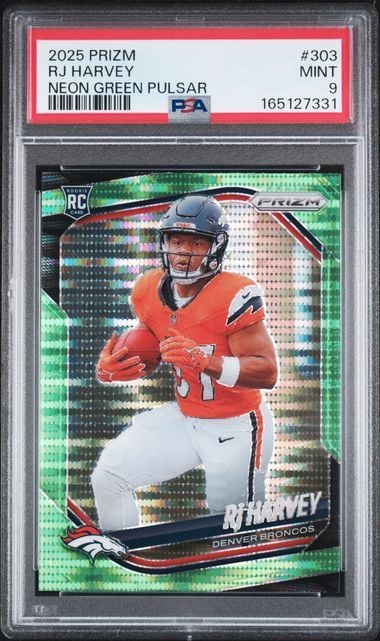 Graded 2025 Panini Prizm RJ Harvey #303 Neon Green Pulsar Rookie RC Football Card PSA 9 Mint
