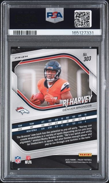 Graded 2025 Panini Prizm RJ Harvey #303 Neon Green Pulsar Rookie RC Football Card PSA 9 Mint