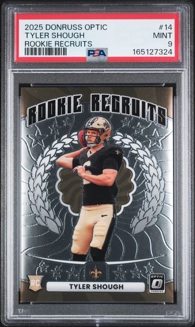 Graded 2025 Panini Donruss Optic Tyler Shough #14 Rookie Recruits Rookie RC Football Card PSA 9 Mint