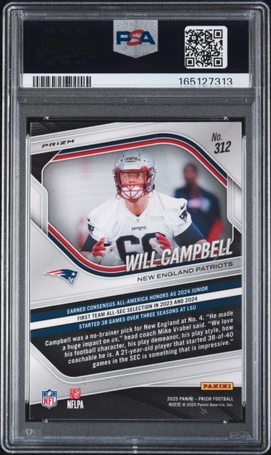 Graded 2025 Panini Prizm Will Campbell #312 Silver Prizm Rookie RC Football Card PSA 8 NM-MT