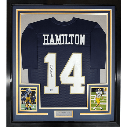 Framed Autographed/Signed Kyle Hamilton 35x39 Notre Dame Blue College Football Jersey Beckett BAS COA