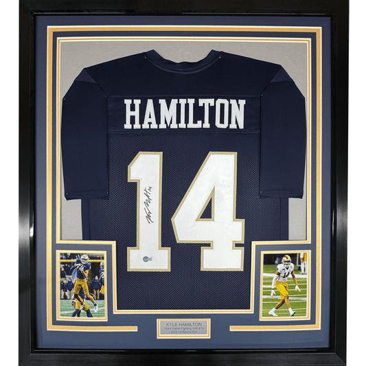 Framed Autographed/Signed Kyle Hamilton 35x39 Notre Dame Blue College Football Jersey Beckett BAS COA