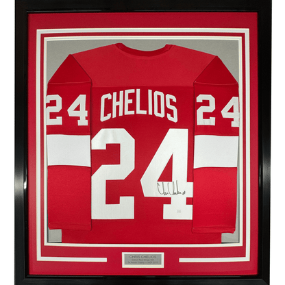 Framed Autographed/Signed Chris Chelios 35x39 Detroit Red Hockey Jersey JSA COA