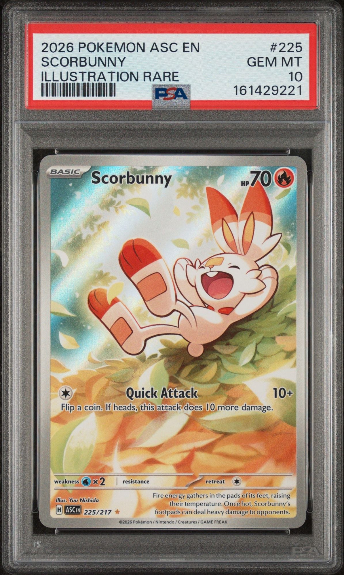 Graded 2026 Pokemon Ascended Heroes EN Scorbunny #225 Illustration Rare Trading Card Game PSA 10 Gem Mint