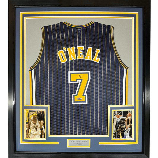 Framed Facsimile Autographed Jermaine O'Neal 35x39 Indiana Blue Pinstripe Reprint Laser Auto Basketball Jersey