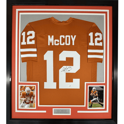 Framed Autographed/Signed Colt McCoy 35x39 Texas Longhorns Orange College Football Jersey JSA COA