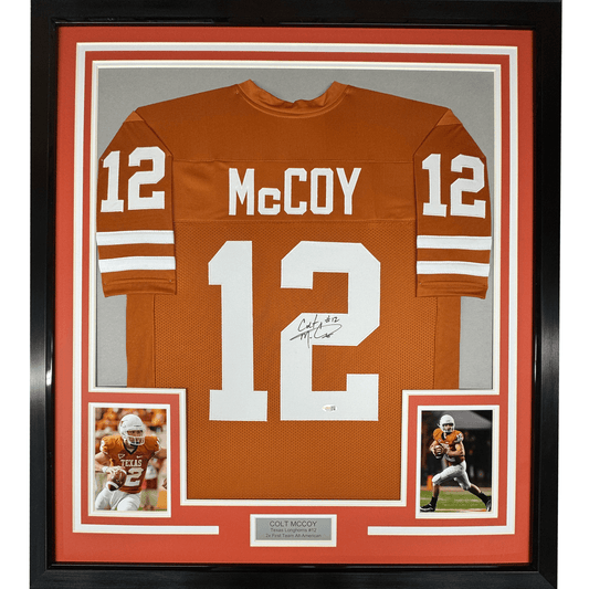 Framed Autographed/Signed Colt McCoy 35x39 Texas Longhorns Orange College Football Jersey JSA COA