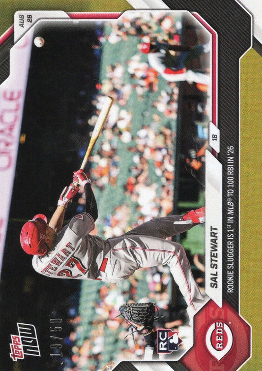 2026 Topps Now Sal Stewart #597 Gold Foil /50 Rookie Slugger is 1st in MLB to 100 RBI in '26 Cincinnati Reds Rookie RC Baseball Card
