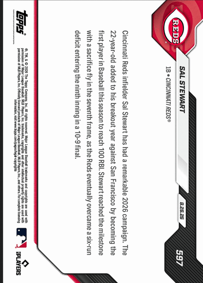2026 Topps Now Sal Stewart #597 Red Foil /5 Rookie Slugger is 1st in MLB to 100 RBI in '26 Cincinnati Reds Rookie RC Baseball Card