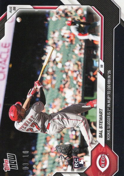 2026 Topps Now Sal Stewart #597 Black Foil /10 Rookie Slugger is 1st in MLB to 100 RBI in '26 Cincinnati Reds Rookie RC Baseball Card