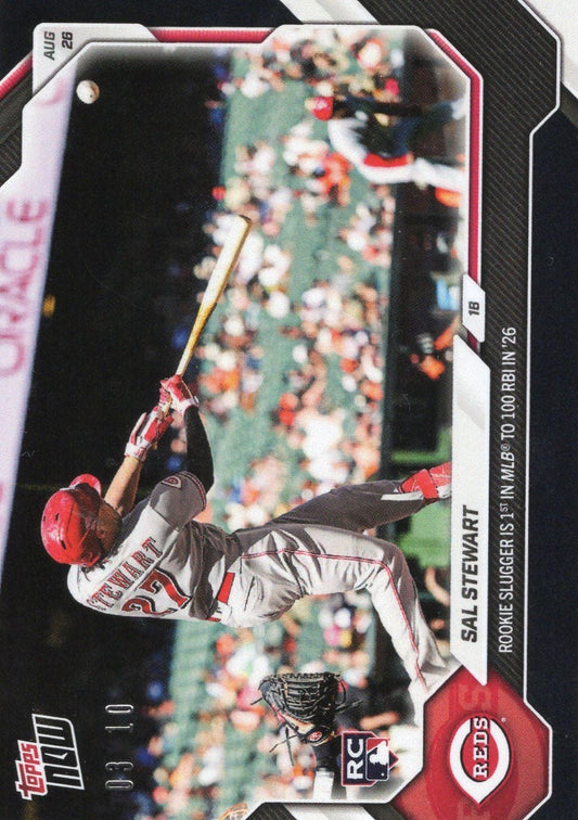 2026 Topps Now Sal Stewart #597 Black Foil /10 Rookie Slugger is 1st in MLB to 100 RBI in '26 Cincinnati Reds Rookie RC Baseball Card
