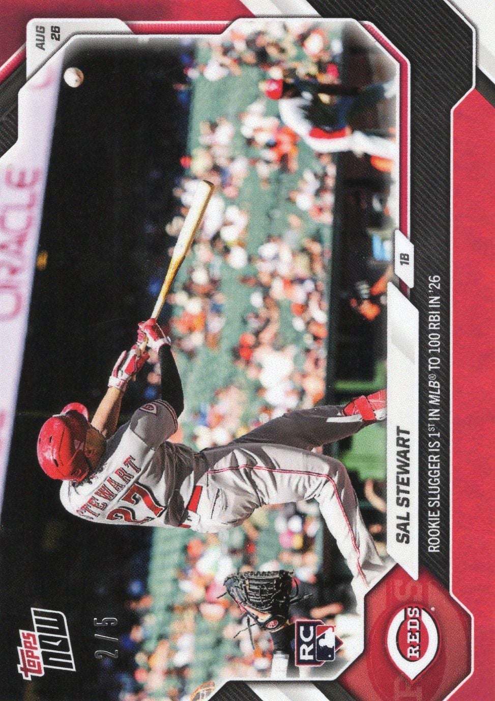2026 Topps Now Sal Stewart #597 Red Foil /5 Rookie Slugger is 1st in MLB to 100 RBI in '26 Cincinnati Reds Rookie RC Baseball Card