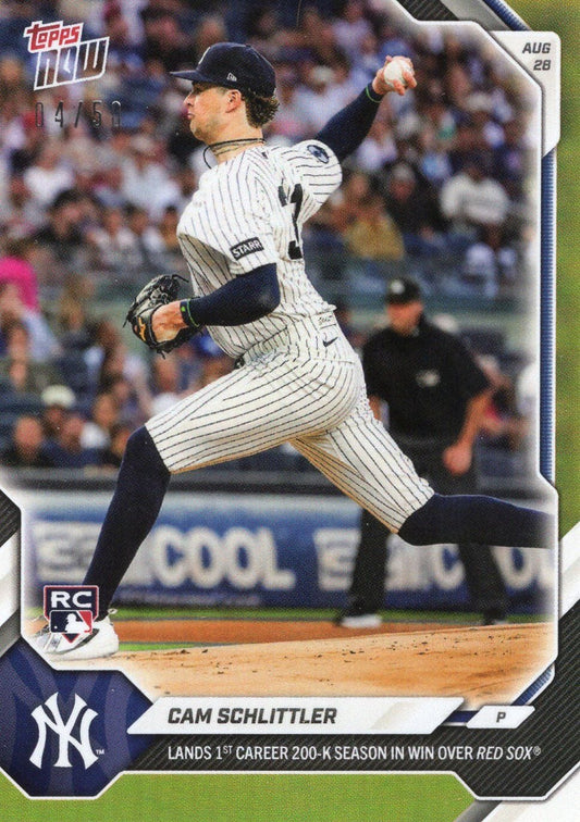 2026 Topps Now Cam Schlittler #608 Gold Foil /50 Lands 1st Career 200-K Season in Win Over Red Sox New York Yankees Rookie RC Baseball Card