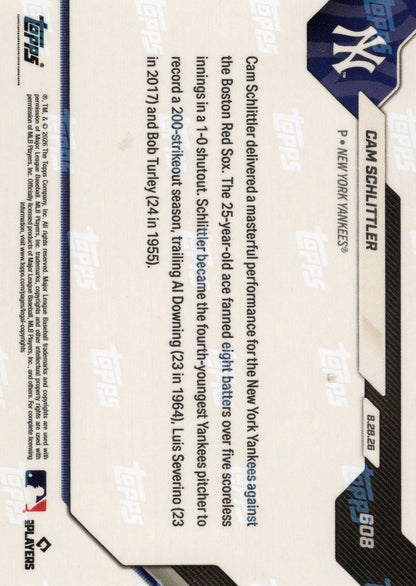 2026 Topps Now Cam Schlittler #608 Orange Foil /25 Lands 1st Career 200-K Season in Win Over Red Sox New York Yankees Rookie RC Baseball Card