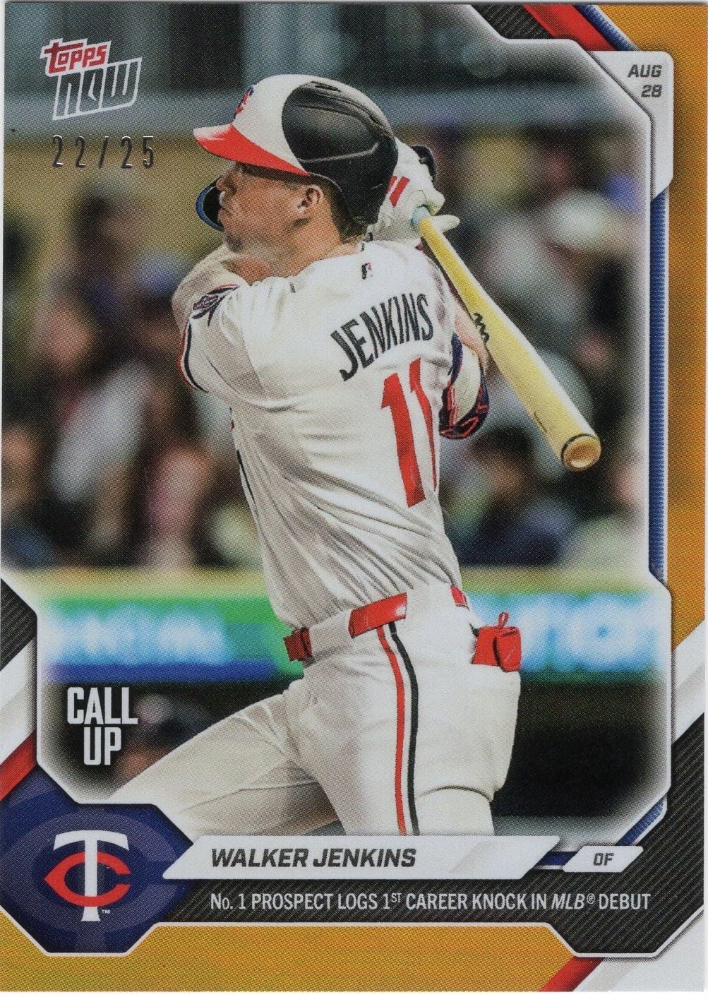 2026 Topps Now Walker Jenkins #609 Orange Foil /25 Number 1 Prospect Logs 1st Career Knock in Big Leagues Minnesota Twins Rookie RC Baseball Card