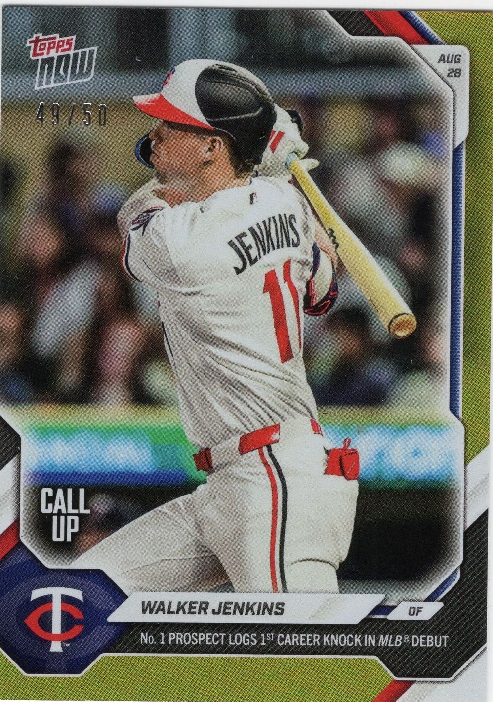 2026 Topps Now Walker Jenkins #609 Gold Foil /50 Number 1 Prospect Logs 1st Career Knock in Big Leagues Minnesota Twins Rookie RC Baseball Card