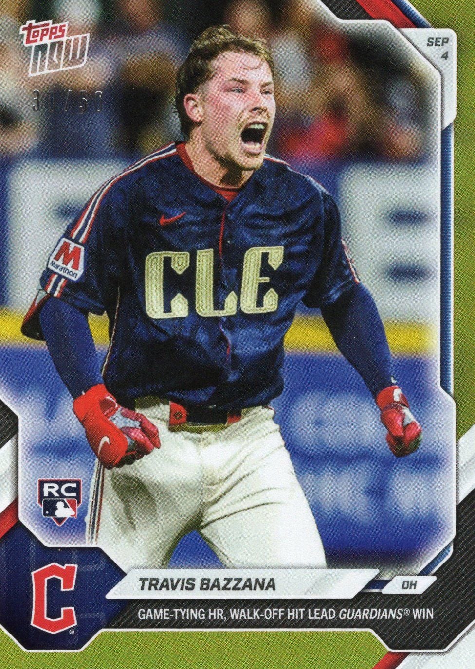 2026 Topps Now Travis Bazzana #636 Gold Foil /50 Game Tying HR, Walk Off Hit Lead Guardians Win Cleveland Guardians Rookie RC Baseball Card