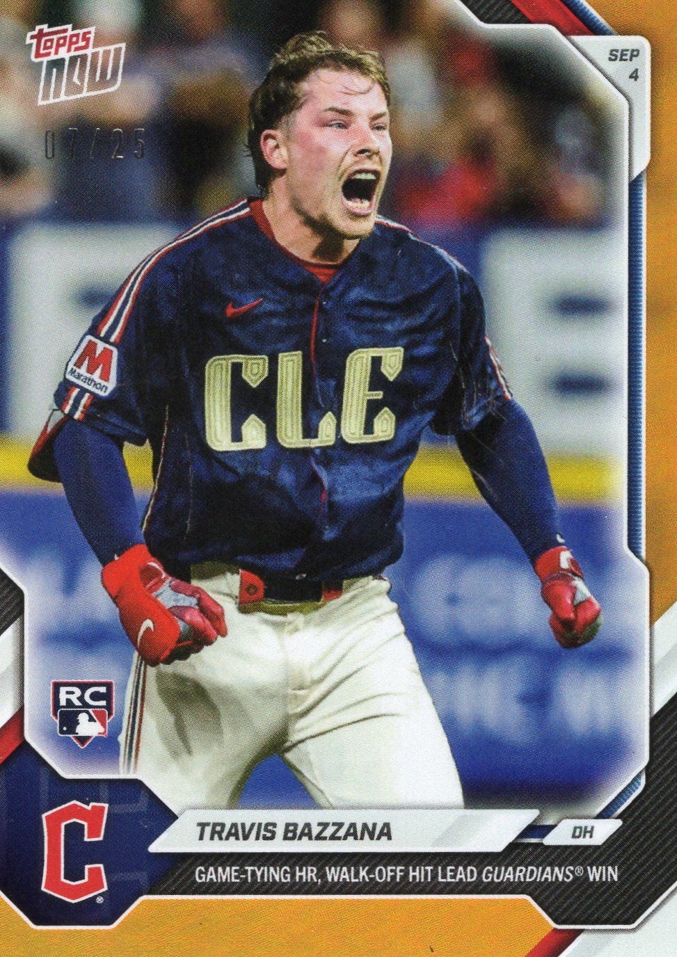 2026 Topps Now Travis Bazzana #636 Orange Foil /25 Game Tying HR, Walk Off Hit Lead Guardians Win Cleveland Guardians Rookie RC Baseball Card