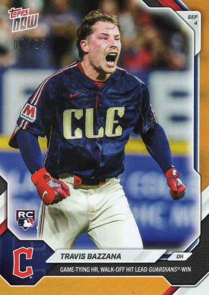 2026 Topps Now Travis Bazzana #636 Orange Foil /25 Game Tying HR, Walk Off Hit Lead Guardians Win Cleveland Guardians Rookie RC Baseball Card