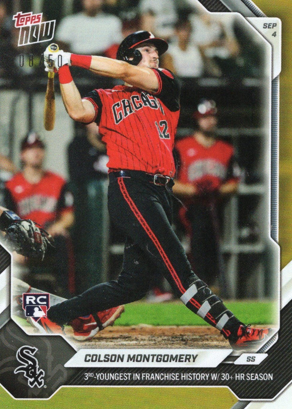 2026 Topps Now Colson Montgomery #632 Gold Foil /50 3rd Youngest in Franchise History with 30+ HR Season Chicago White Sox Rookie RC Baseball Card