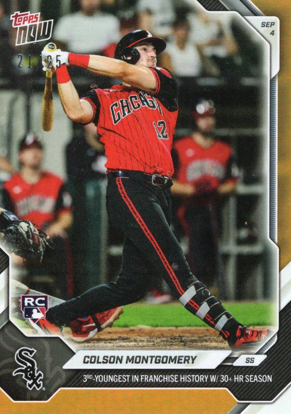 2026 Topps Now Colson Montgomery #632 Orange Foil /25 3rd Youngest in Franchise History with 30+ HR Season Chicago White Sox Rookie RC Baseball Card