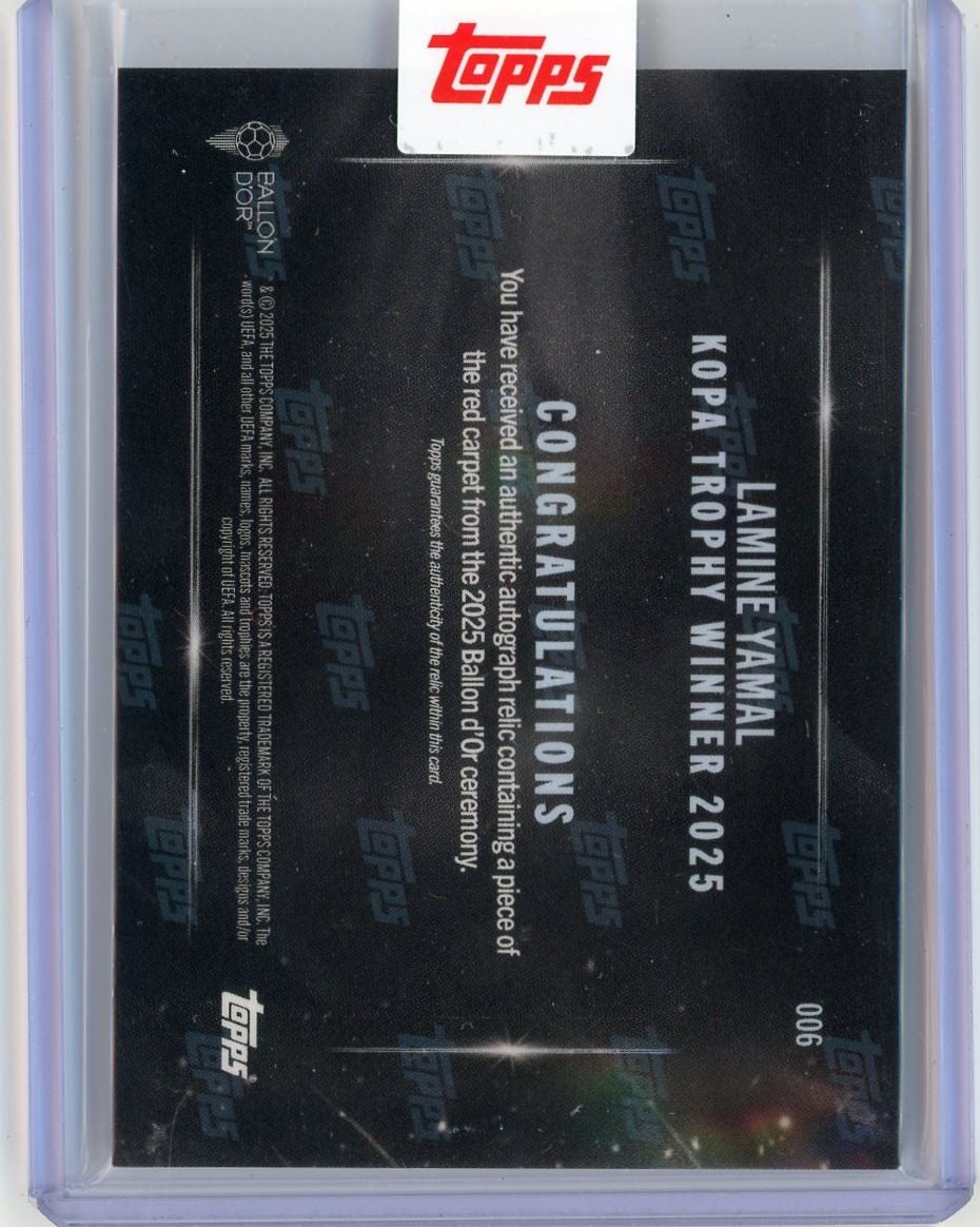 2025 Topps Now Lamine Yamal #006 Kopa Trophy Winner Relic Auto /10 Soccer Card