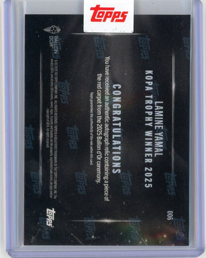 2025 Topps Now Lamine Yamal #006 Kopa Trophy Winner Relic Auto /10 Soccer Card