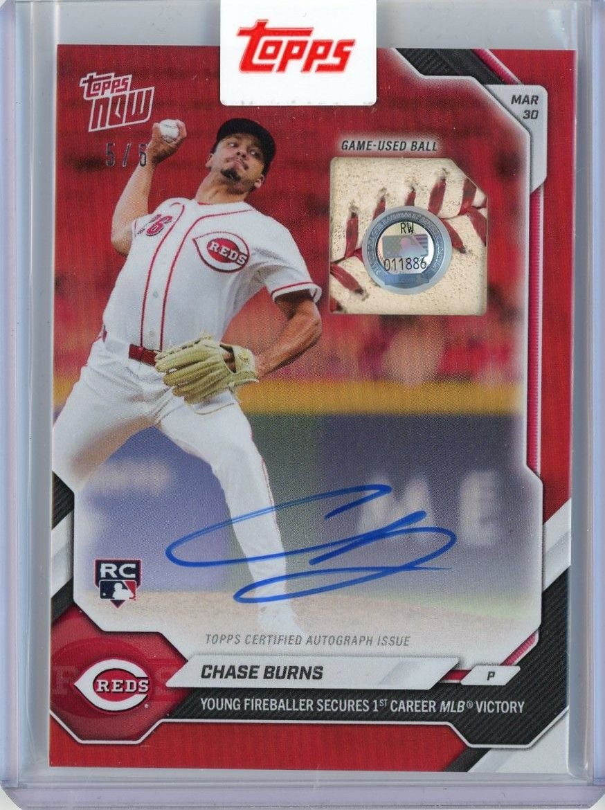 2026 Topps Now Chase Burns #29AR Red Relic Auto /5 Young Fireballer Secures 1st Career MLB Victory Cincinnati Reds Rookie RC Baseball Card