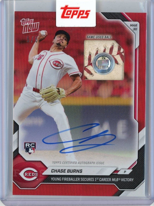 2026 Topps Now Chase Burns #29AR Red Relic Auto /5 Young Fireballer Secures 1st Career MLB Victory Cincinnati Reds Rookie RC Baseball Card
